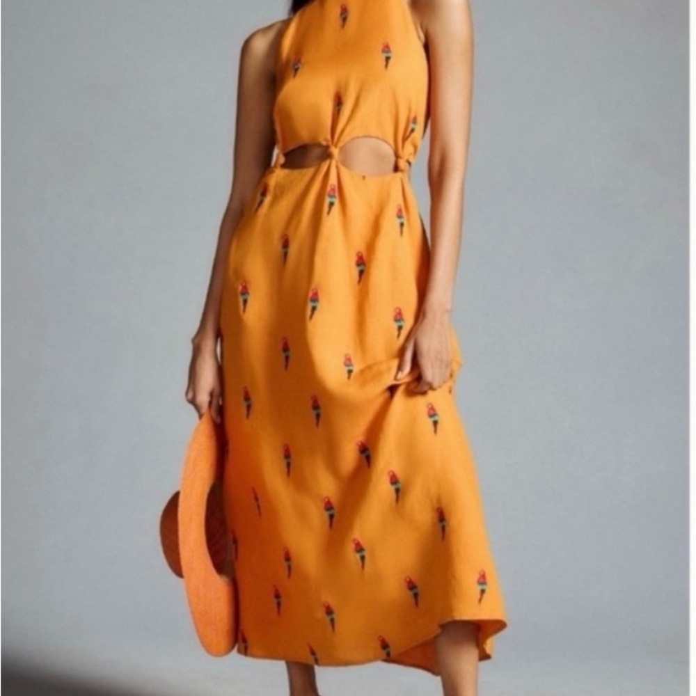Farm Rio Orange Embroidered Parrot Cutout Maxi Dress - Picture 6 of 9